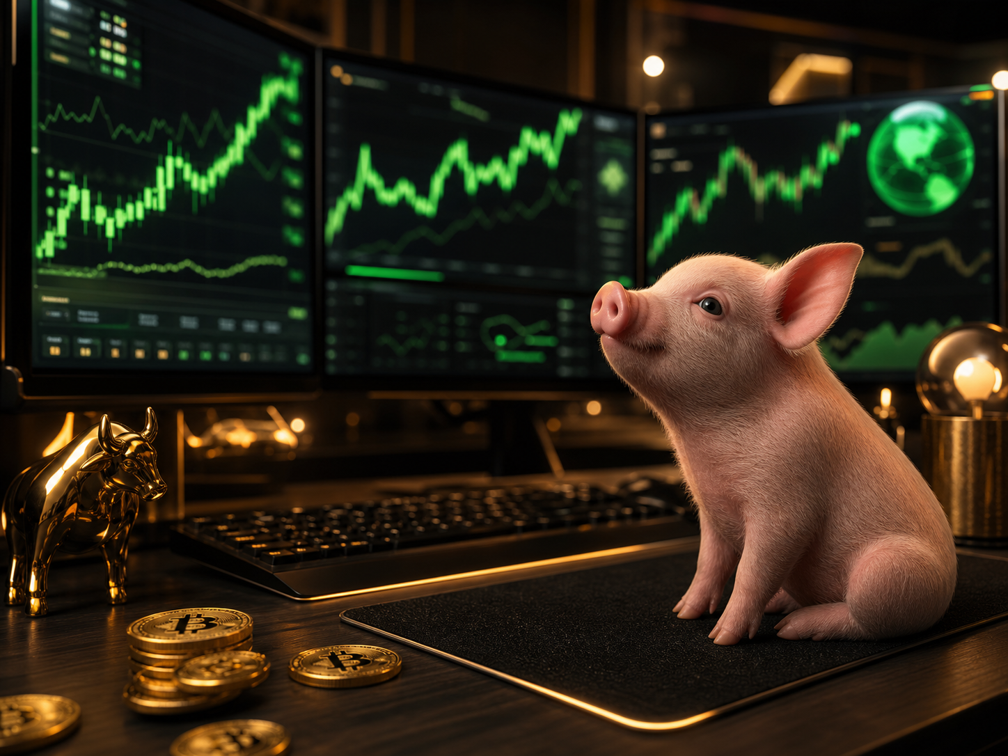 A piglet watching green crypto charts on monitors